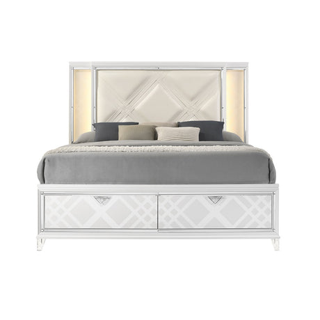 Acme - Skylar EK Bed W/Led & Storage BD02247EK Synthetic Leather & Pearl White Finish