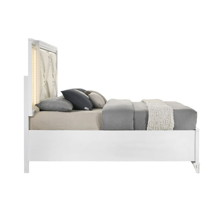 Acme - Skylar EK Bed W/Led & Storage BD02247EK Synthetic Leather & Pearl White Finish