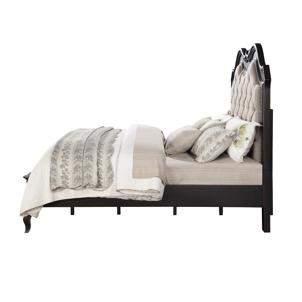 Acme - Chelmsford CK Bed BD02294CK Beige Fabric & Antique Black Finish