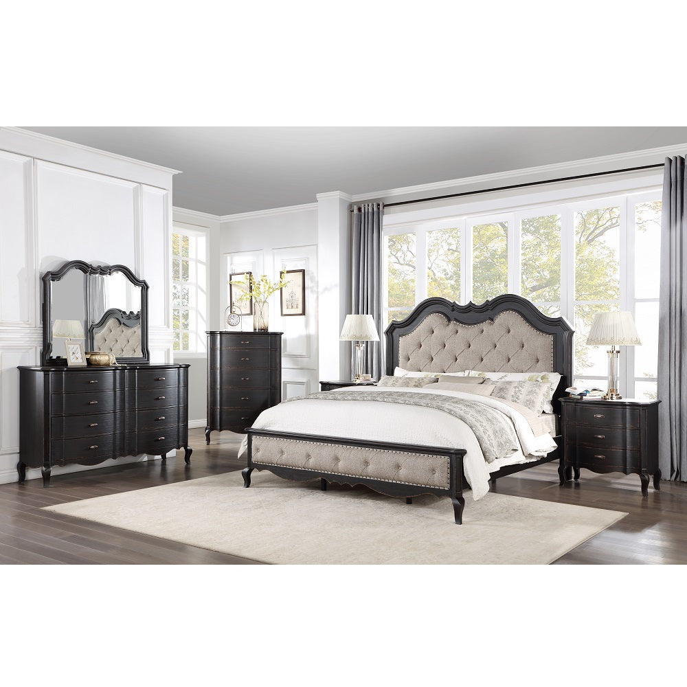 Acme - Chelmsford CK Bed BD02294CK Beige Fabric & Antique Black Finish