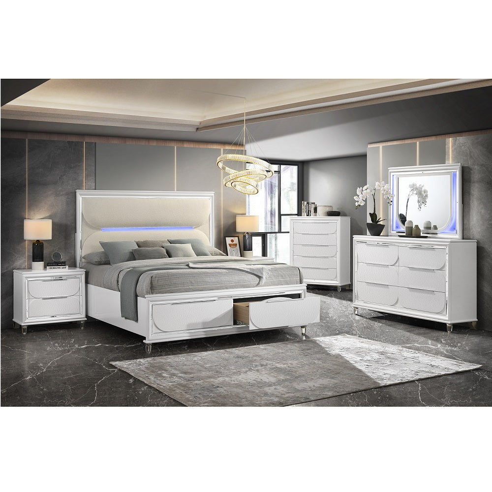Acme - Tarian Queen Bed W/Led & Storage BD02317Q White Boucle & Pearl White Finish
