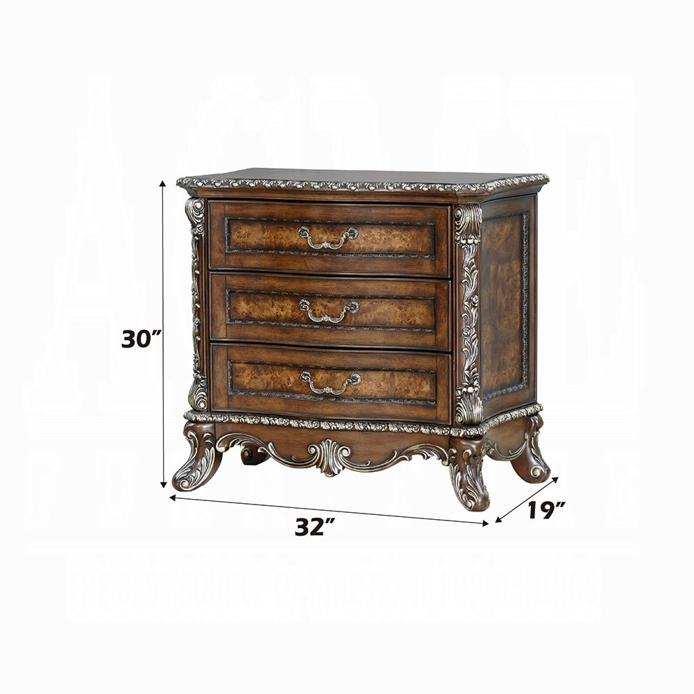 Decorative wooden nightstand with dimensions on a white background