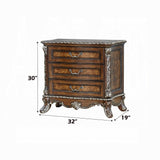 Decorative wooden nightstand with dimensions on a white background