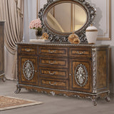 Decorative wooden dresser with ornate mirror and embellishments in a room setting.