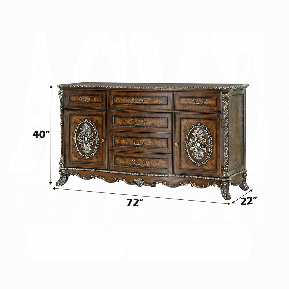 Wooden dresser with decorative elements and dimensions labeled on a white background