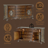 Decorative wooden cabinet with intricate details on a brown background with product icons and weight information.