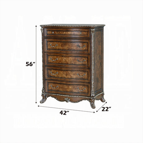 Wooden dresser with dimensions labeled on a white background