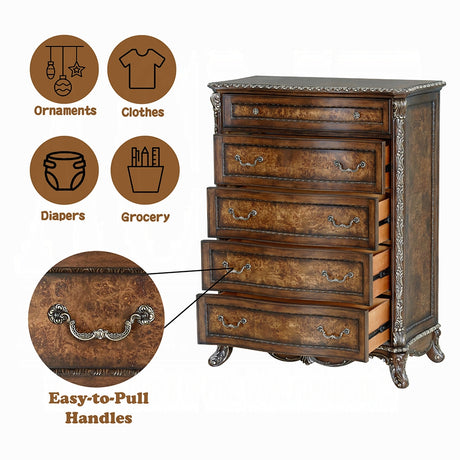 Wooden dresser with drawers and handles, labeled for different items.