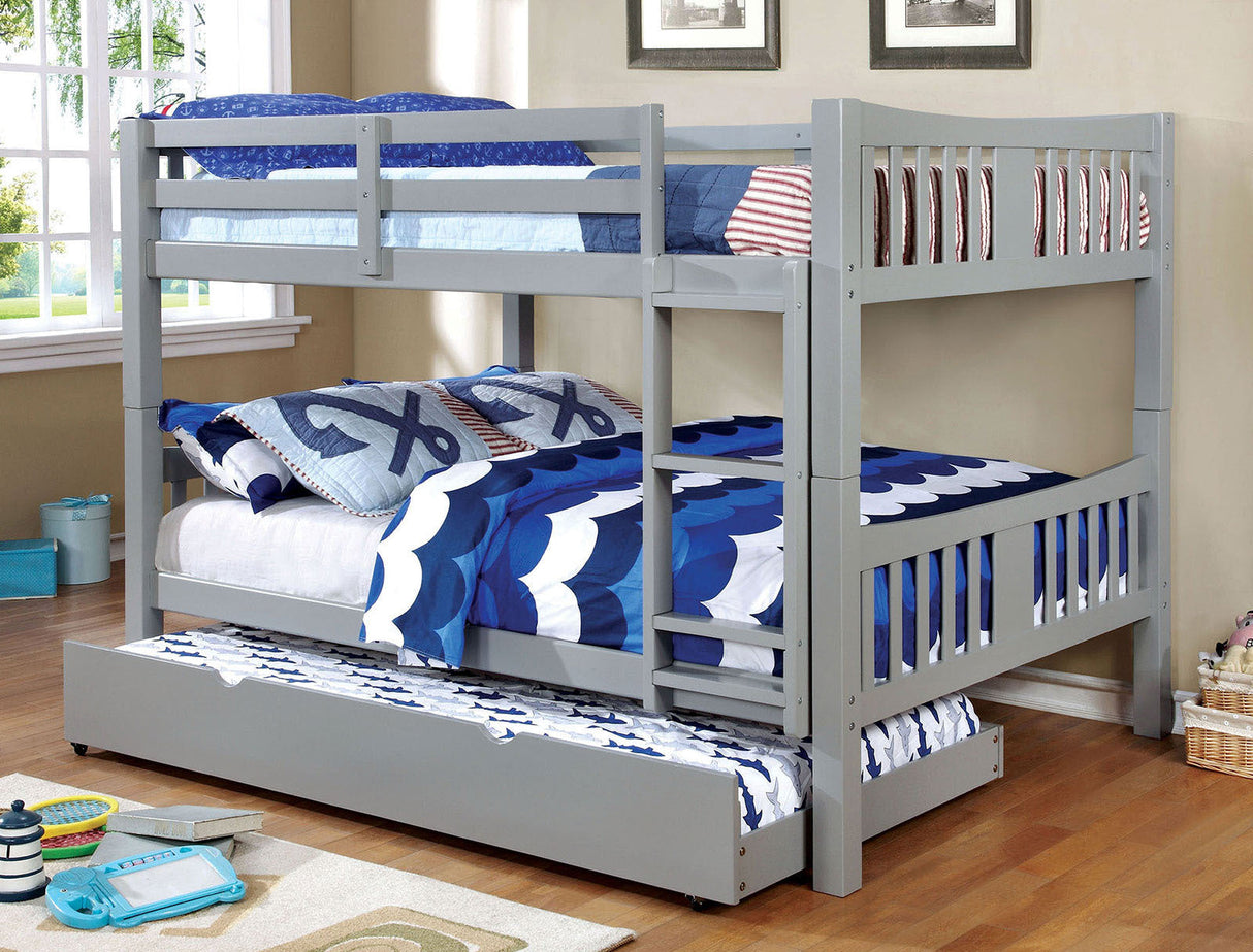 Full Over Full Bunk Bed Gray Finish Transitional Style Attached Ladder Upper Bed Rails Lock Joint Structure And Trundle-Not Included - sold by Home Elegance USA