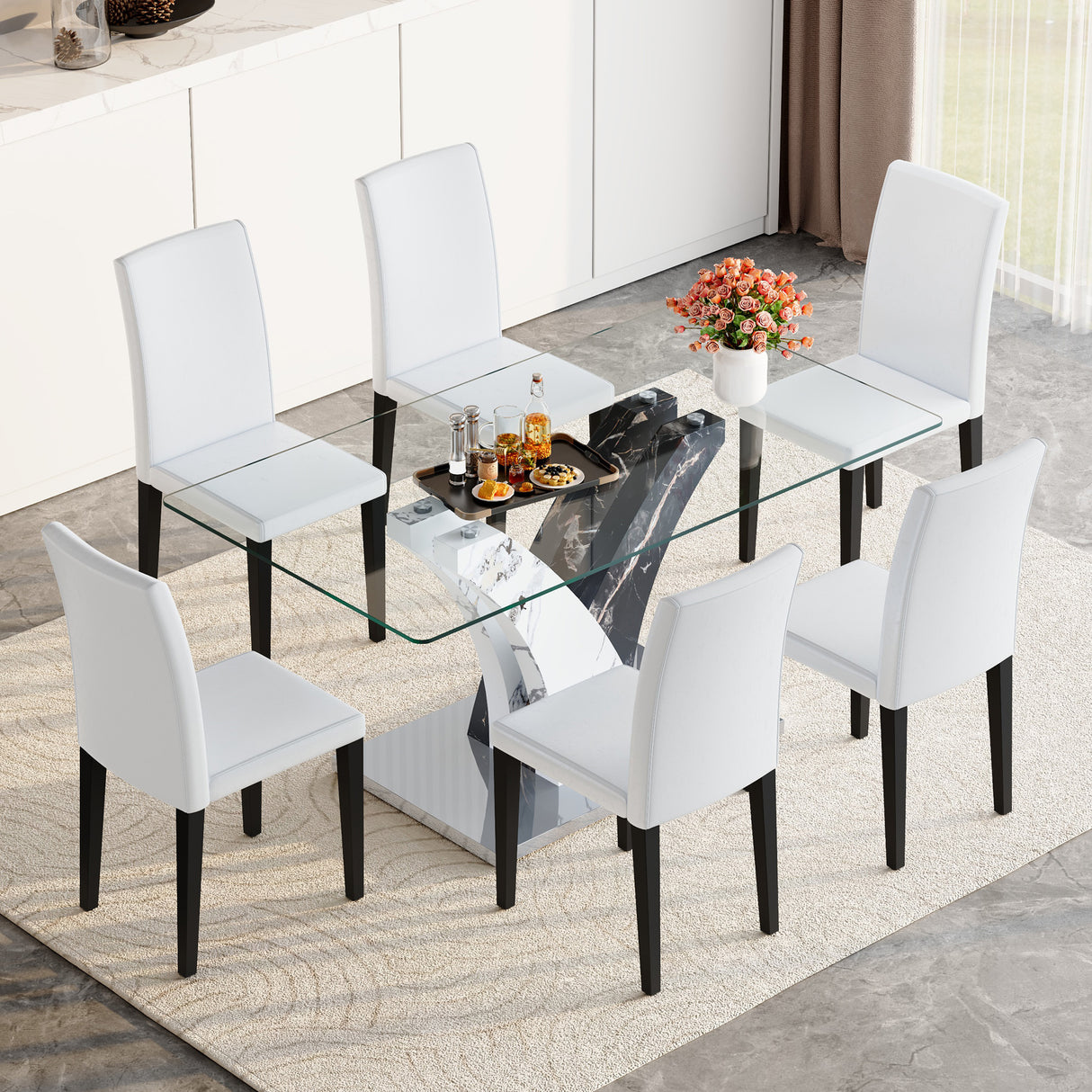 Table and chair set.Modern dining table, tempered glass countertop, and artistic MDF legs.Paried With 6 White PU dining chairs, simple and versatile, comfortable and accompanied.