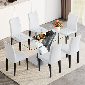Table and chair set.Modern dining table, tempered glass countertop, and artistic MDF legs.Paried With 6 White PU dining chairs, simple and versatile, comfortable and accompanied. - sold by Home Elegance USA