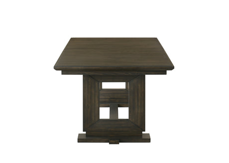 7pc Rectangular Extendable 18' Leaf Dining Table Trestle / Pedestal Base Beige Fabric Upholstered Button Tufted Chairs Wooden Dining Room Furniture Contemporary Modern Espresso Dark Brown Finish - sold by Home Elegance USA