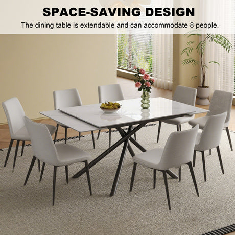 Modern Retractable Sintered Stone Dining Table Set with Black Carbon Steel Legs, Includes 8 Chairs - sold by Home Elegance USA