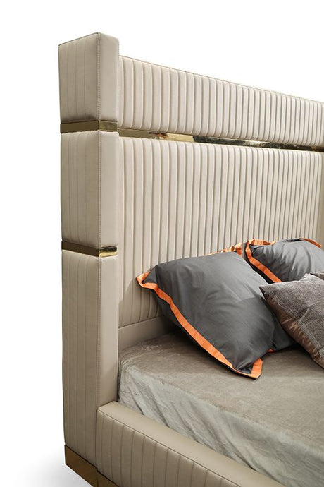 Queen Sterling Modern Beige Bonded Leather & Gold Bed