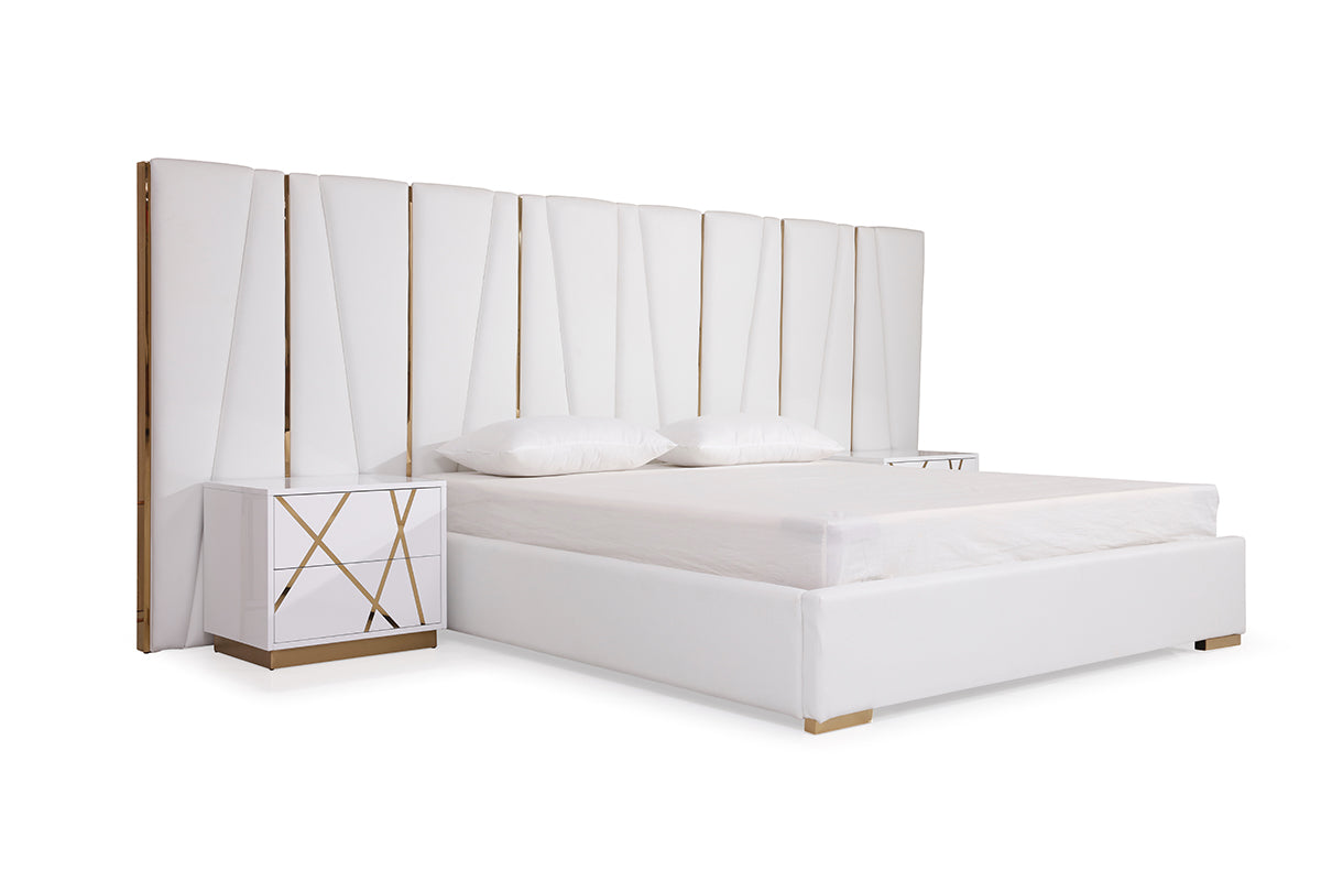 Queen Nixa Modern White Bonded Leather & Gold Bed - View Image 1