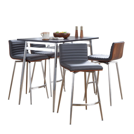 Marcel-Mason Swivel Contemporary Counter Height Dining Set in Chrome Metal with Black Wood Tabletop and Stainless Steel, Walnut Wood with Grey Faux Leather by LumiSource - 5 Piece - sold by Home Elegance USA