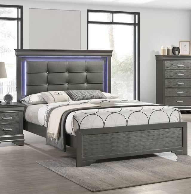 Gray Finish 1pc Eastern King Size Bed Square Button Tufting LED Lights Gray Finish Bedroom Furniture