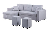 Dennis Light Gray Linen Fabric Reversible Sleeper Sectional with Storage Chaise and 2 Stools | Home Elegance USA