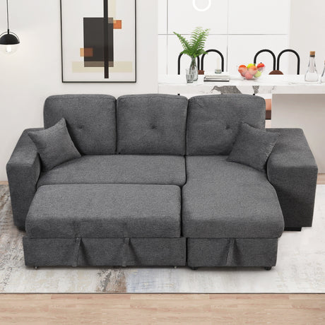 Reversible Sleeper Sectional Sofa Bed with Side Shelf and 2 Stools, Pull-Out L-Shaped Sofa Bed, Velvet Blue Black - sold by Home Elegance USA