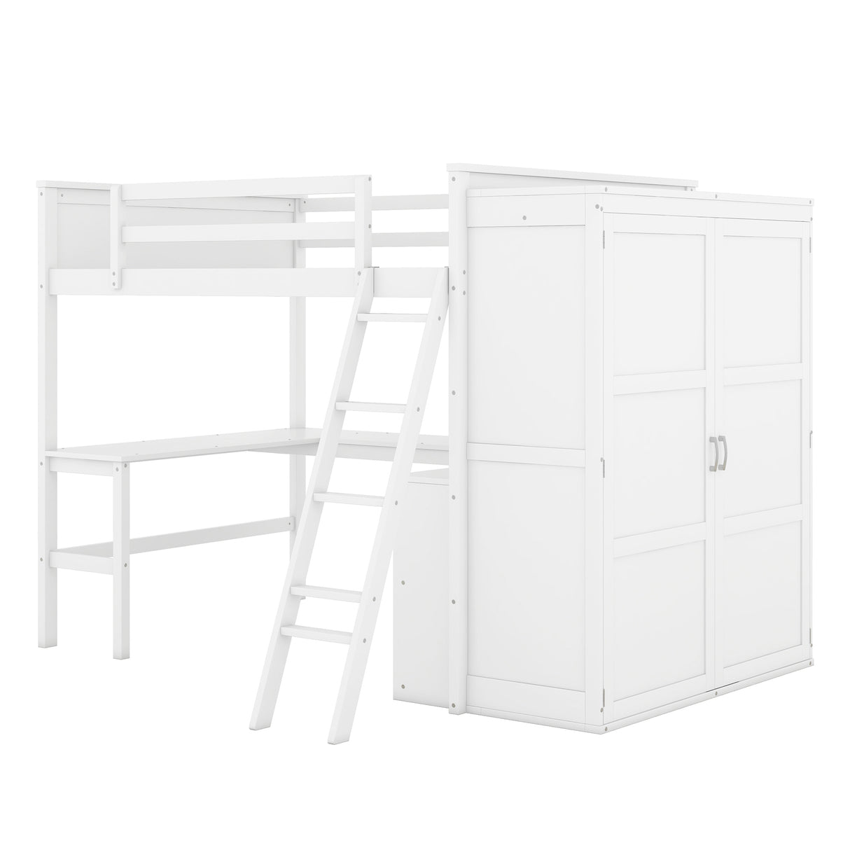 Full size Loft Bed with Desk, Shelves and Wardrobe-White - Home Elegance USA