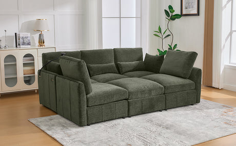 Modern Sectional Sofa Modular Sofa 85.4' U-shaped Sofa Couch Sofa Bed with Movable Ottoman, USB Ports, Phone Holder, Green Chenille - sold by Home Elegance USA