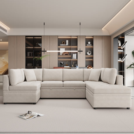 Oversized U-Shaped Sectional Sofa Couch with Pull-out Bed, Beige Chenille, 117.3' - sold by Home Elegance USA