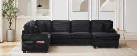 Upholstered U-shaped Sectional Sofa with Movable Ottoman and Side Storage Pockets in Black Corduroy, 125.2 inches - sold by Home Elegance USA