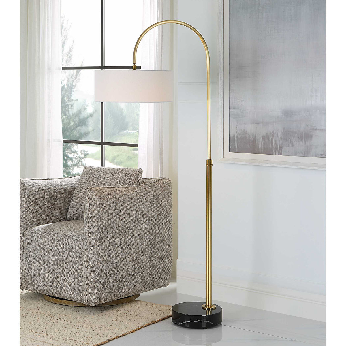 Huxford Brass Arch Floor Lamp - Yellow by Uttermost - View 2