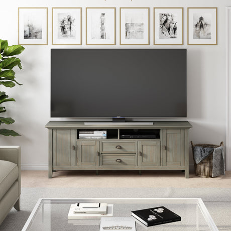 Redmond 72 inch Wide Solid Wood TV Stand in Distressed Grey For TVs up to 80 inches - sold by Home Elegance USA