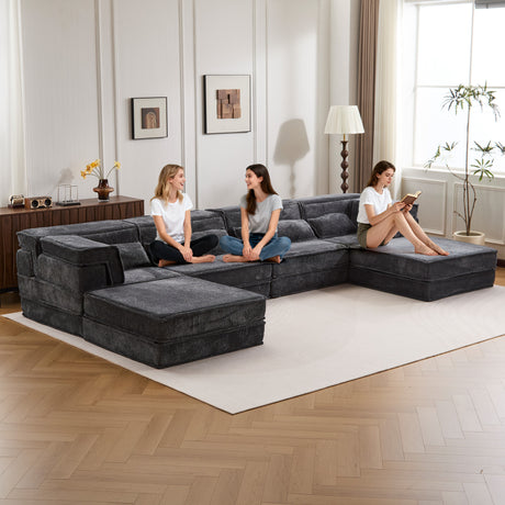 Compression Mahjong Sofa,Convertible Floor Sofa Bed,DIY Boneless Modular Sectional Sofa,No Assembly Required,Circle fleece fabric,Oversized 4 Seater with 2 Ottoman,Dark-grey - sold by Home Elegance USA