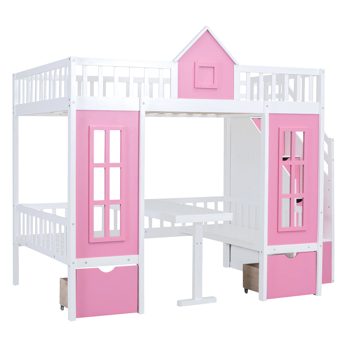 Full-Over-Full Bunk Bed with Changeable Table, Bunk Bed Turn into Upper Bed and Down Desk -Pink - Home Elegance USA