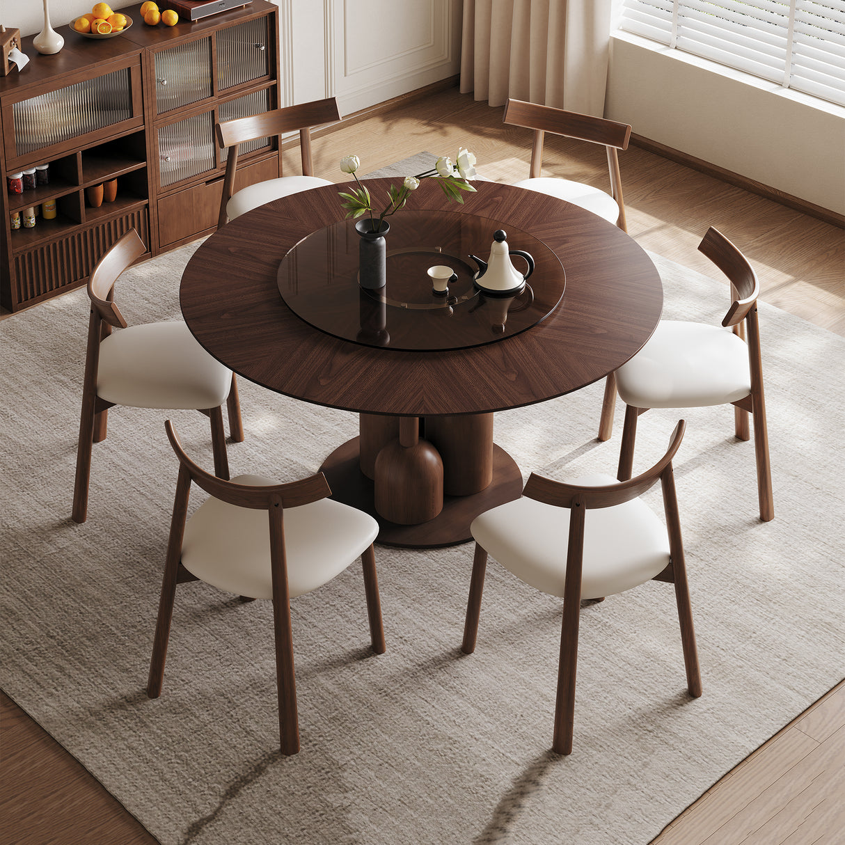 59-inch Wabi-Sabi Oak Round Table Set with 6 Solid Wood Chairs & 35-inch Floating Glass Lazy Susan, Handcrafted Japanese Style Sculptural Dining Set for Living Room & Restaurant