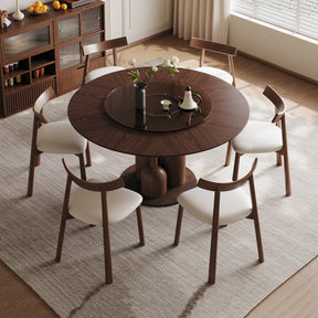59-inch Wabi-Sabi Oak Round Table Set with 6 Solid Wood Chairs & 35-inch Floating Glass Lazy Susan, Handcrafted Japanese Style Sculptural Dining Set for Living Room & Restaurant