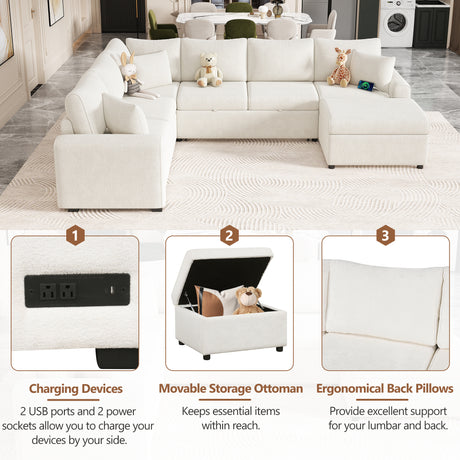Cream Tweed Chenille Sectional Sofa with Pull-out Bed and Storage Ottoman, 112.2' for Living Room - sold by Home Elegance USA
