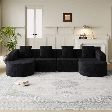 111.8-inch L-shaped curved modular sofa, modern design featuring lychee-textured long-pile polyester fabric, curved backrest with three pillows - sold by Home Elegance USA