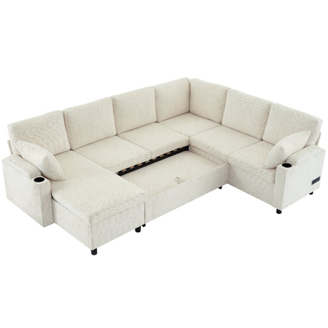 Convertible U-Shaped Sofa Bed with Storage, Cup Holders and Charging Ports, Beige Chenille, 109.9' - sold by Home Elegance USA