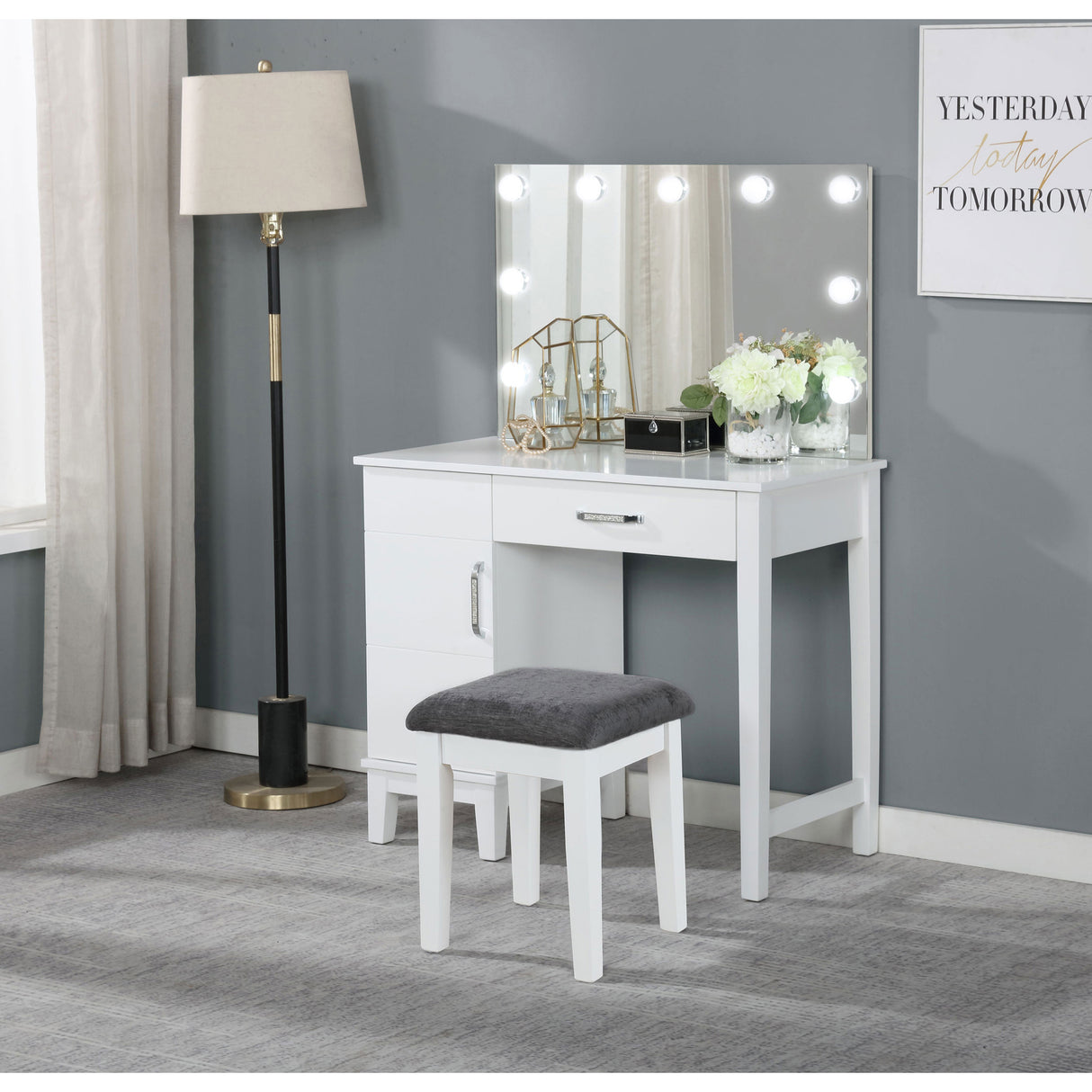 Elijah White and Dark Grey Vanity Set with Lighting and Stool