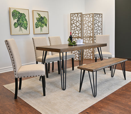 Amisos 6-Piece Dining Set, Hairpin Dining Table with 4 Chairs and a Wood Bench, 3 Color Options - sold by Home Elegance USA