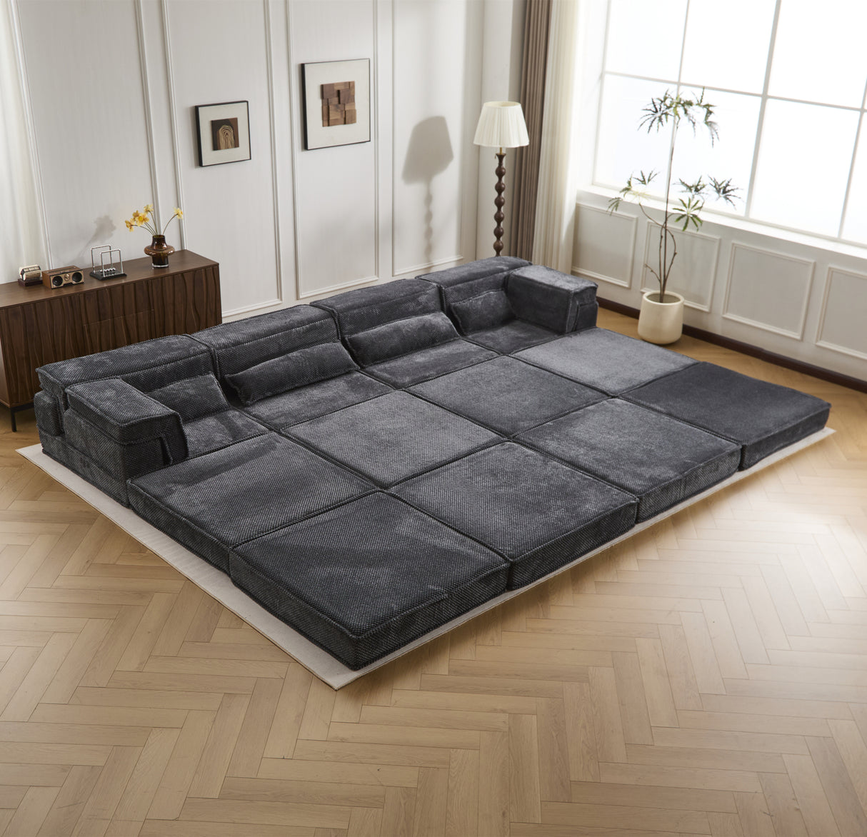 Compression Mahjong Sofa,Convertible Floor Sofa Bed,DIY Boneless Modular Sectional Sofa,No Assembly Required,Circle fleece fabric,Oversized 4 Seater with 2 Ottoman,Dark-grey