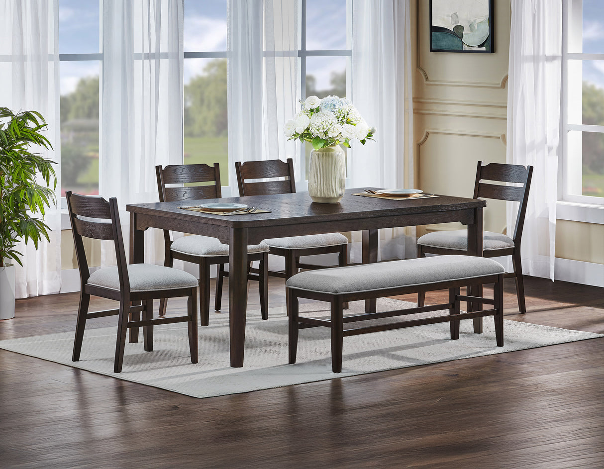 6pc Beautiful Rectangular Dining Table Dark Oak Finish Upholstered Chair Bench Wooden Furniture Dining Room Furniture