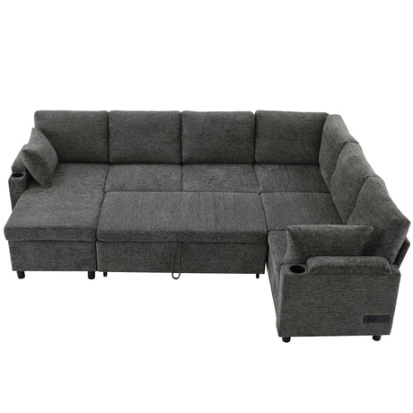 Versatile U-Shaped Sectional Sofa Bed with Storage, Cup Holders, Charging Ports in Grey Chenille - sold by Home Elegance USA