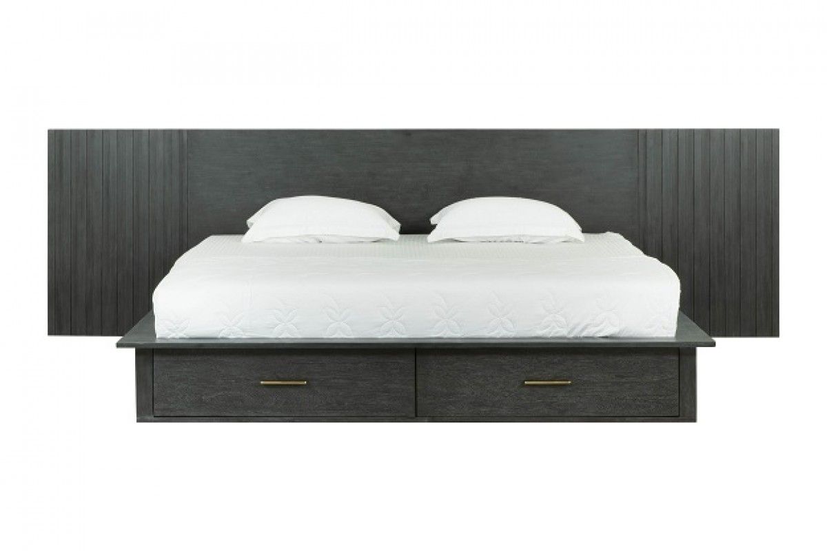 Manchester- Contemporary Platform Dark Grey Q Bed with Two Nightstands