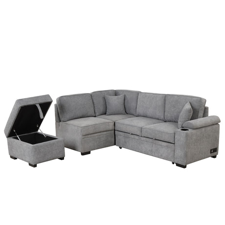 Modern Sleeper Sofa Bed with Storage Ottoman, Gray Linen, 84.75' L Shape Couch for Living Room or Apartment - sold by Home Elegance USA