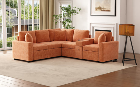 120.5' L-shaped Convertible Sofa Bed Modular Sectional Sofa Reversible Sleeper with Pull-Out Bed, Cup Holders, and Ample Storage Space for Living Room(Old SKU:N719S001940G), Orange - sold by Home Elegance USA