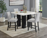 5pc Dining Table Set Counter Height Square Faux Marble Table Top Light Gray Fabric Upholstered Chair Dining Room Wooden Furniture Solid Wood