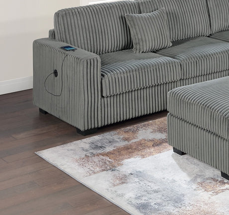 Living Room Corduroy Upholstered Smoke 4pc Sectional Set RAF/LAF One-Arm Loveseat W/USB, Corner Wedge, Cocktail Ottoman Cushion Couch - sold by Home Elegance USA