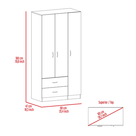 Eureka Three Door Armoire, Two Drawers, Rod - sold by Home Elegance USA