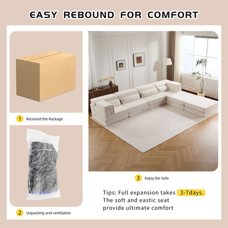 Compression Mahjong Sofa,Convertible Floor Sofa Bed,DIY Boneless Modular Sectional Sofa,No Assembly Required,Circle fleece fabric,Oversized 4 Seater with 2 Ottoman,White - sold by Home Elegance USA