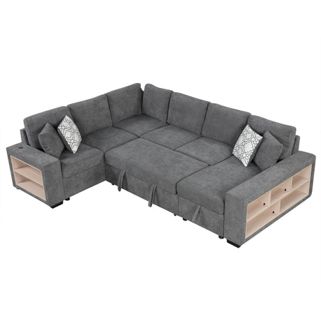 Modern Grey U-Shaped Sectional Sofa Bed with USB Ports, Storage Chaise & Pillows, Chenille Fabric, 109' - sold by Home Elegance USA