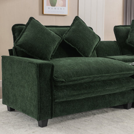 Chenille Upholstered 111' Sectional Sofa with Two Removable Ottomans, USB Ports, Cup Holders, and Storage, Green - sold by Home Elegance USA